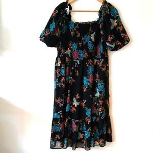 LC Lauren Conrad Butterfly Smocked Puff Sleeve Black Dress